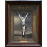 Crucifix with painted background Folk art 19th century 43 x 55 cm