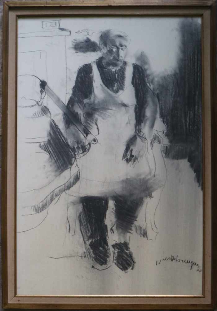Dees DE BRUYNE (1940-1998) charcoal drawing Mother by the stove 71 x 108 cm - Image 2 of 3