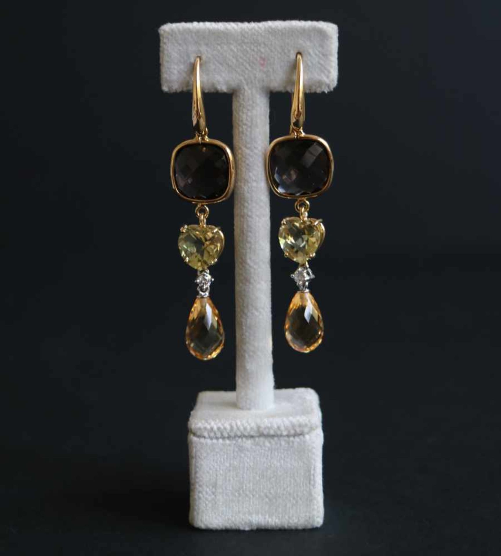 Earrings with diamond and semi-precious stones (smoky quartz and citrine), gold 18 Kt, 2 diamonds