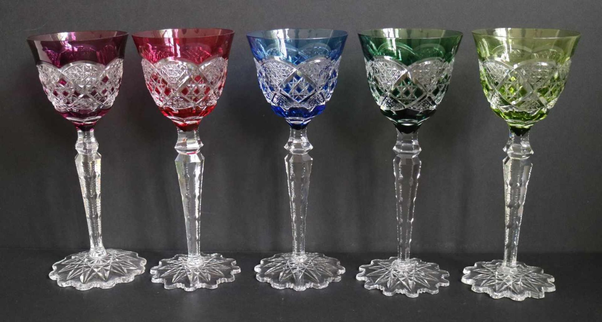 Val Saint Lambert 5 colored crystal glasses model VERREPT, Catalog 1926 H 22 cm