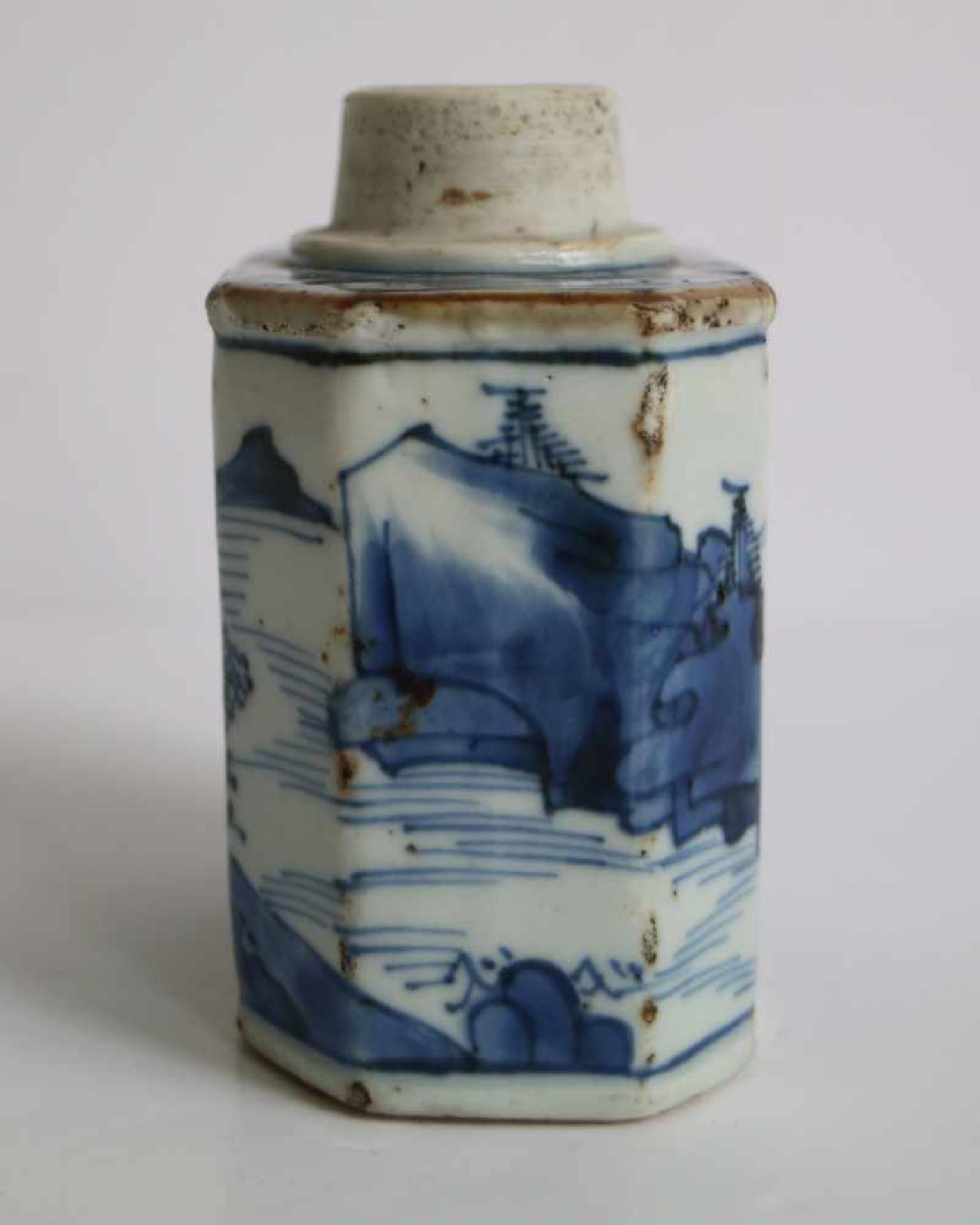 Chinese tea caddy Blue/white tea caddy early 18th century H 10 cm hairline - Bild 4 aus 6