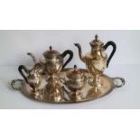 Empire coffee and tea set with tray Belgian after 1942, weight 3900 grams 14 tot 26 cm en B 59 D 35