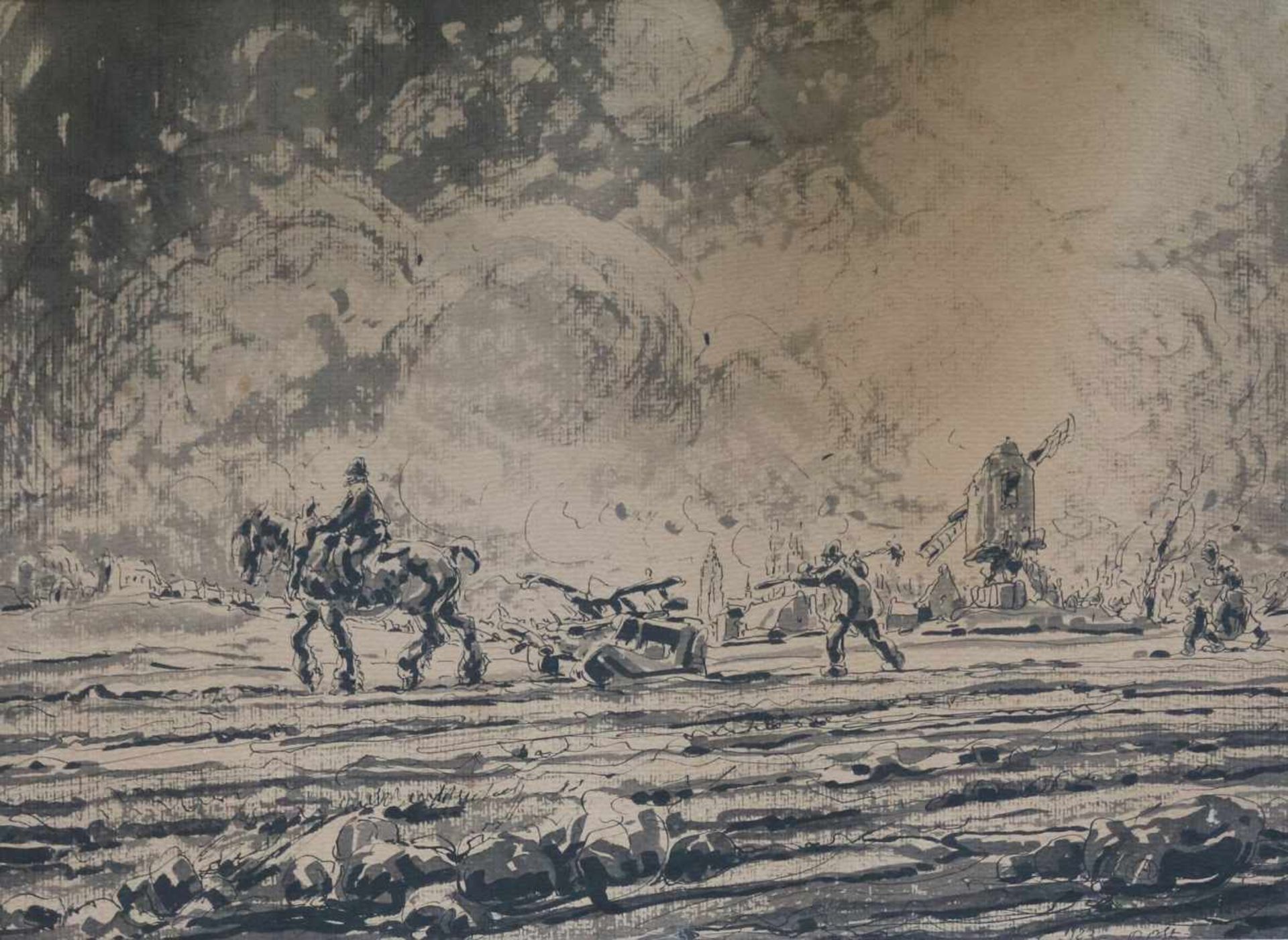 Alfred OST (1884-1945) pen drawing Farmers on the field dated 1923 67 x 50 cm