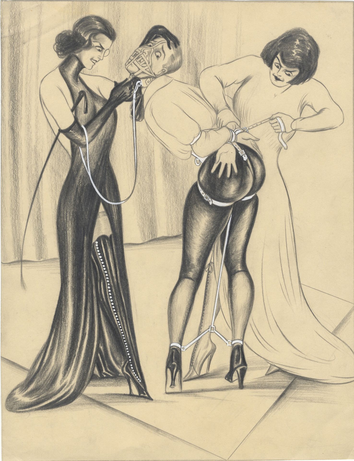 Paul KAMM. Domination féminine, vers 1930. 2 encres originales, 25 x 32 cm chacune. -