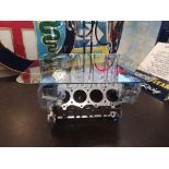 Rover V8 engine coffee table with blue anodised pistons and blue LED lights