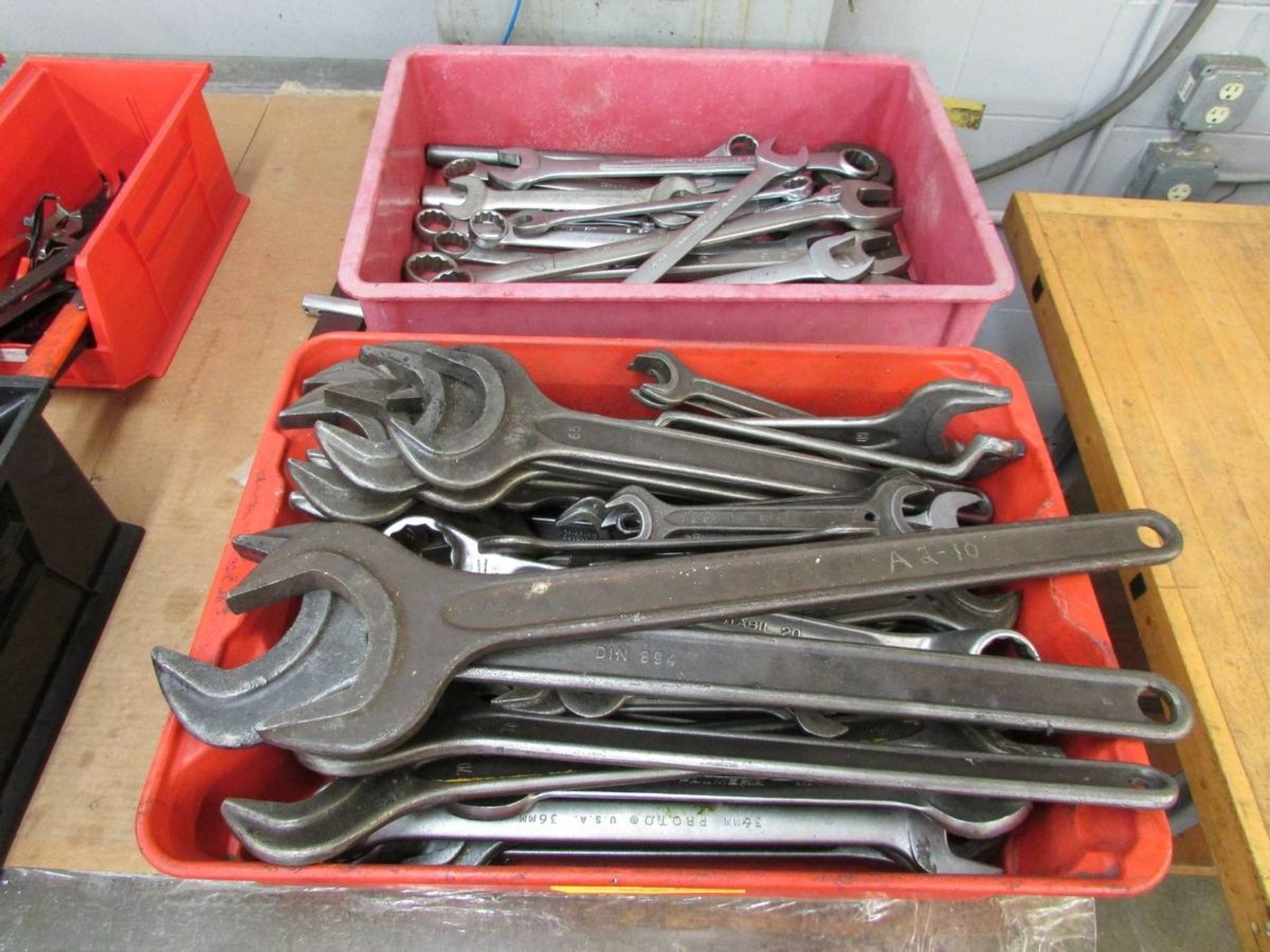 Bins of Assorted Metric and Standard Wrenches