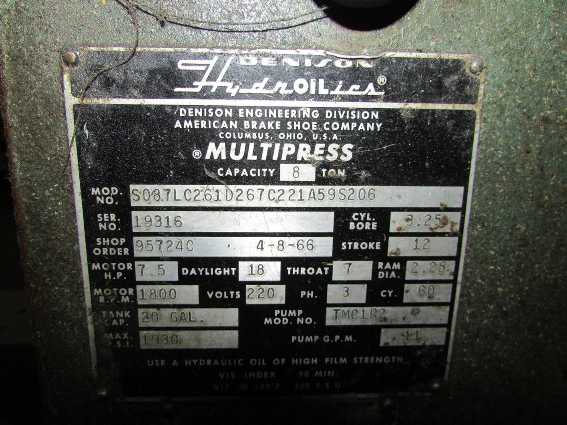 1966 Denison Multipress S087LC261D267C221A59S206 8 Ton Hydraulic C-Frame Press - Image 8 of 8