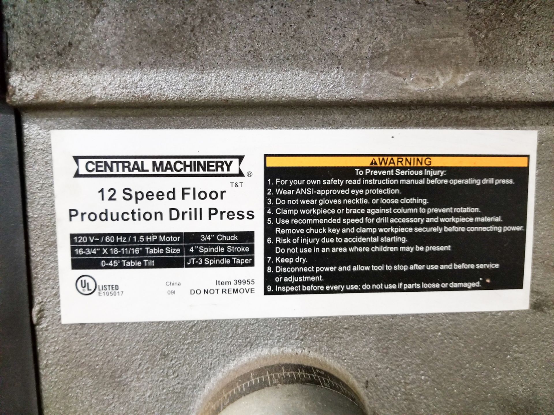 Central Machinery 12-Speed Floor Production Drill Press - Image 2 of 2