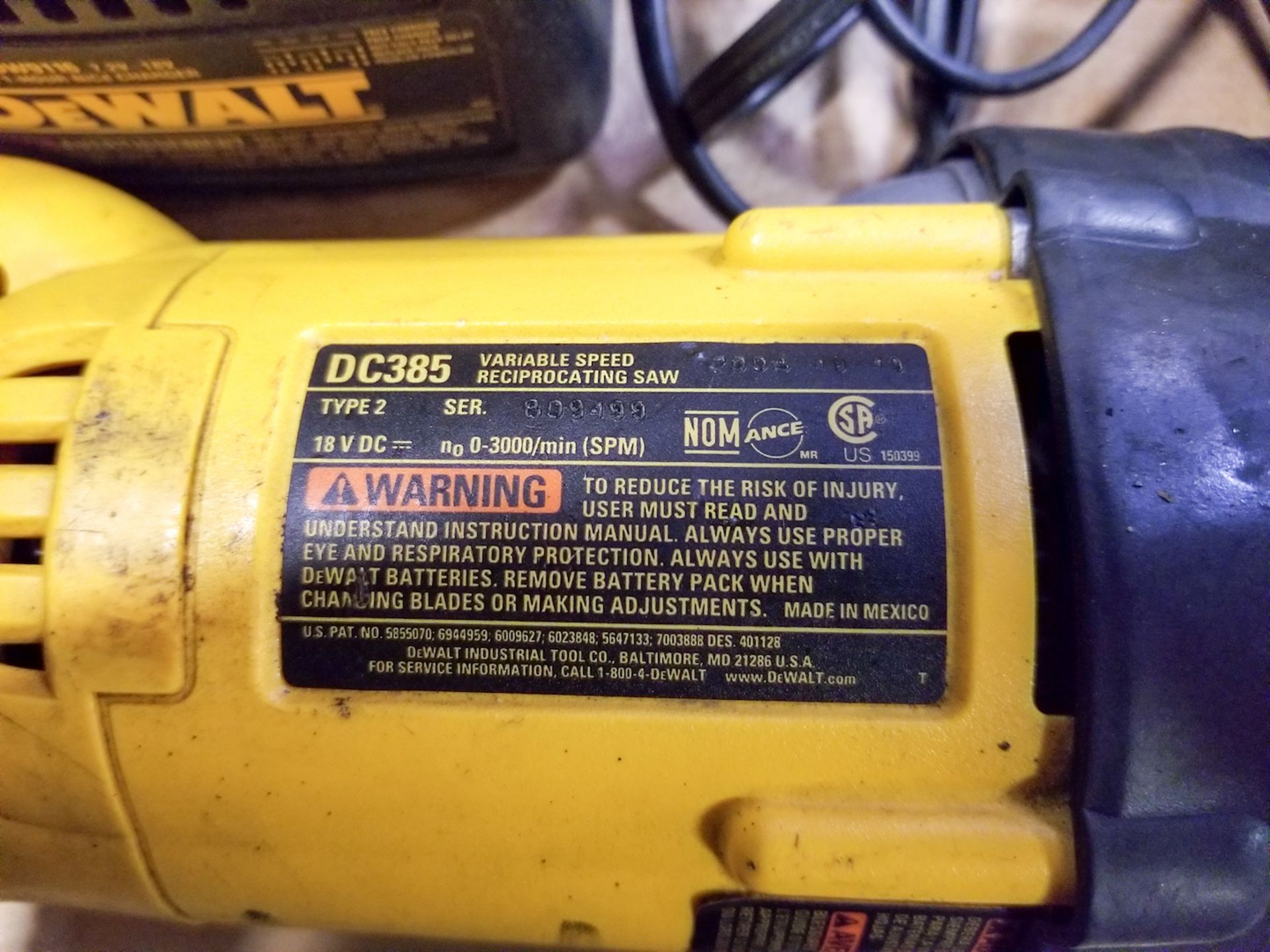 Dewalt Model DC385 Reciprocating Saw with (1) Dewalt 3/8" Drill; (2) Batteries; (1) Charger - Image 2 of 3