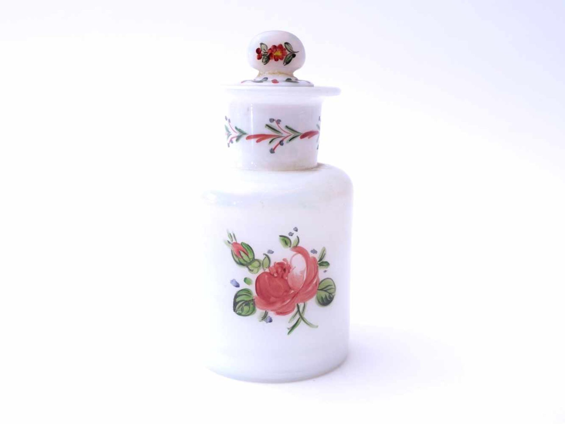 Milchglasflasche mit Emaillemalerei/ ApothekeZylindrischer Korpus in Milchglas. Polychrome florale - Bild 2 aus 5