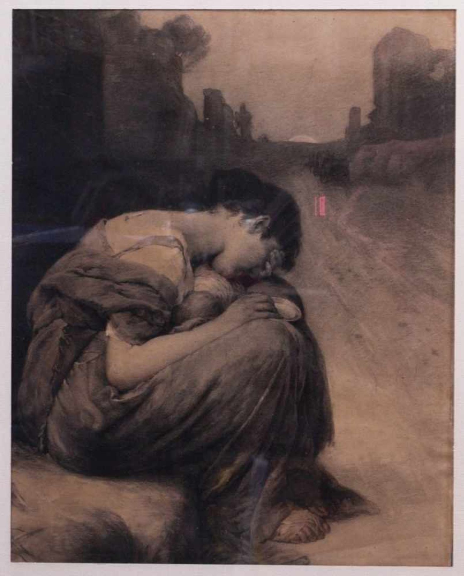 Unsigniert - Bettlerin Kohlezeichnung um 1900Melancholische Darstellung einer weinenden Frau, die in - Image 2 of 3