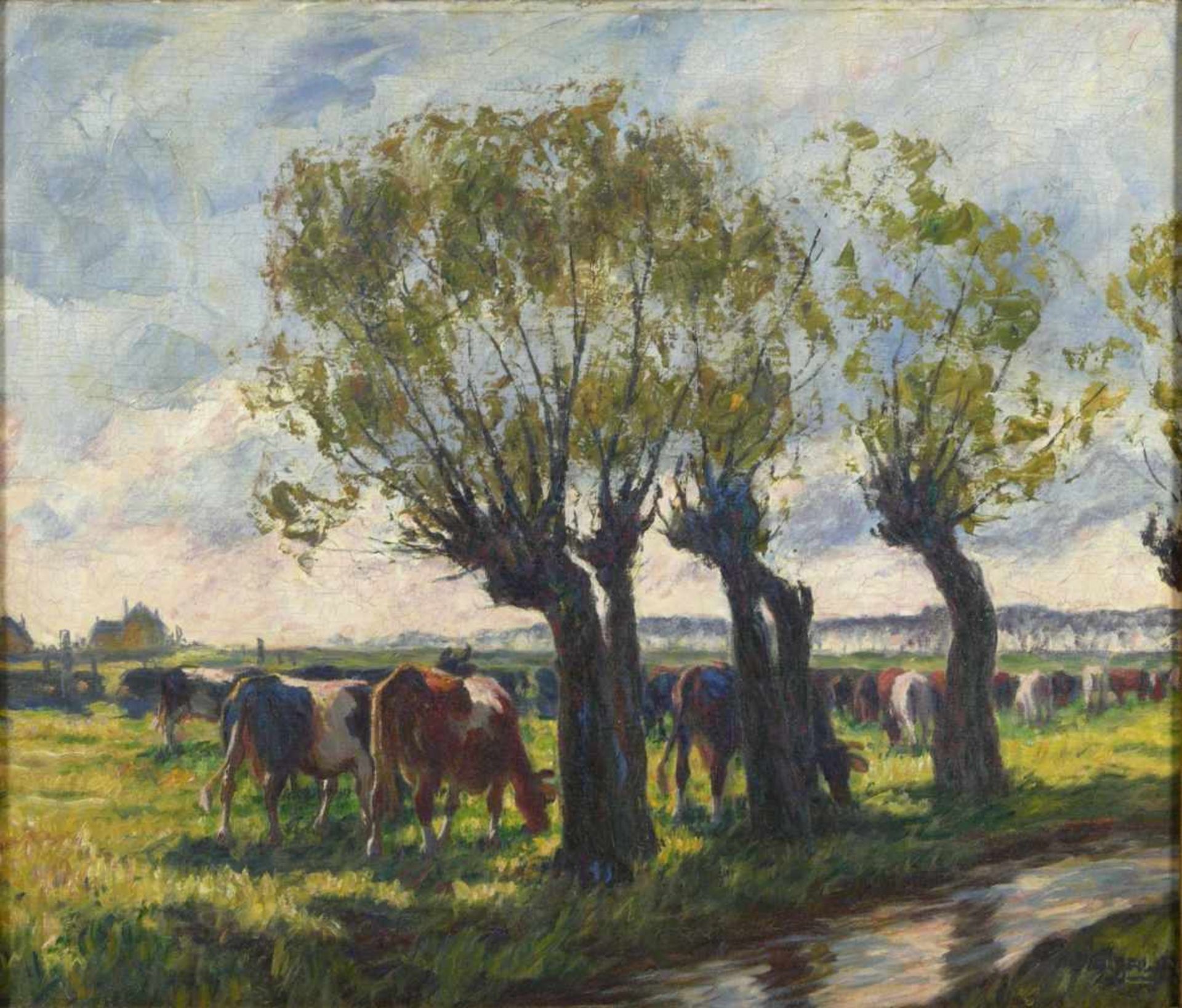 Baur, Albert (1867-1959) - Sonniger Tag an der Anger (Niederrhein)An einem mit vier großen Weiden - Image 2 of 6