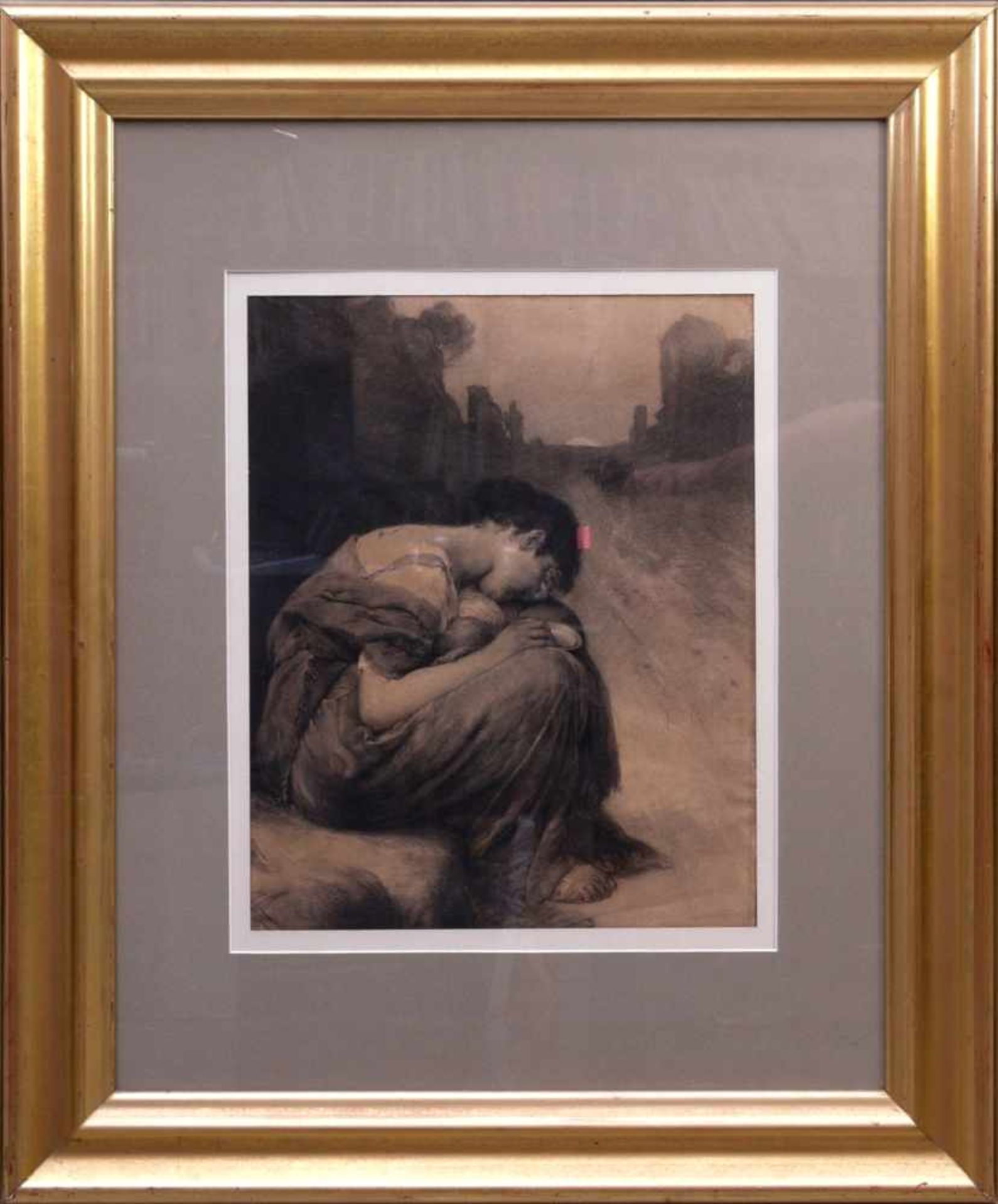 Unsigniert - Bettlerin Kohlezeichnung um 1900Melancholische Darstellung einer weinenden Frau, die in