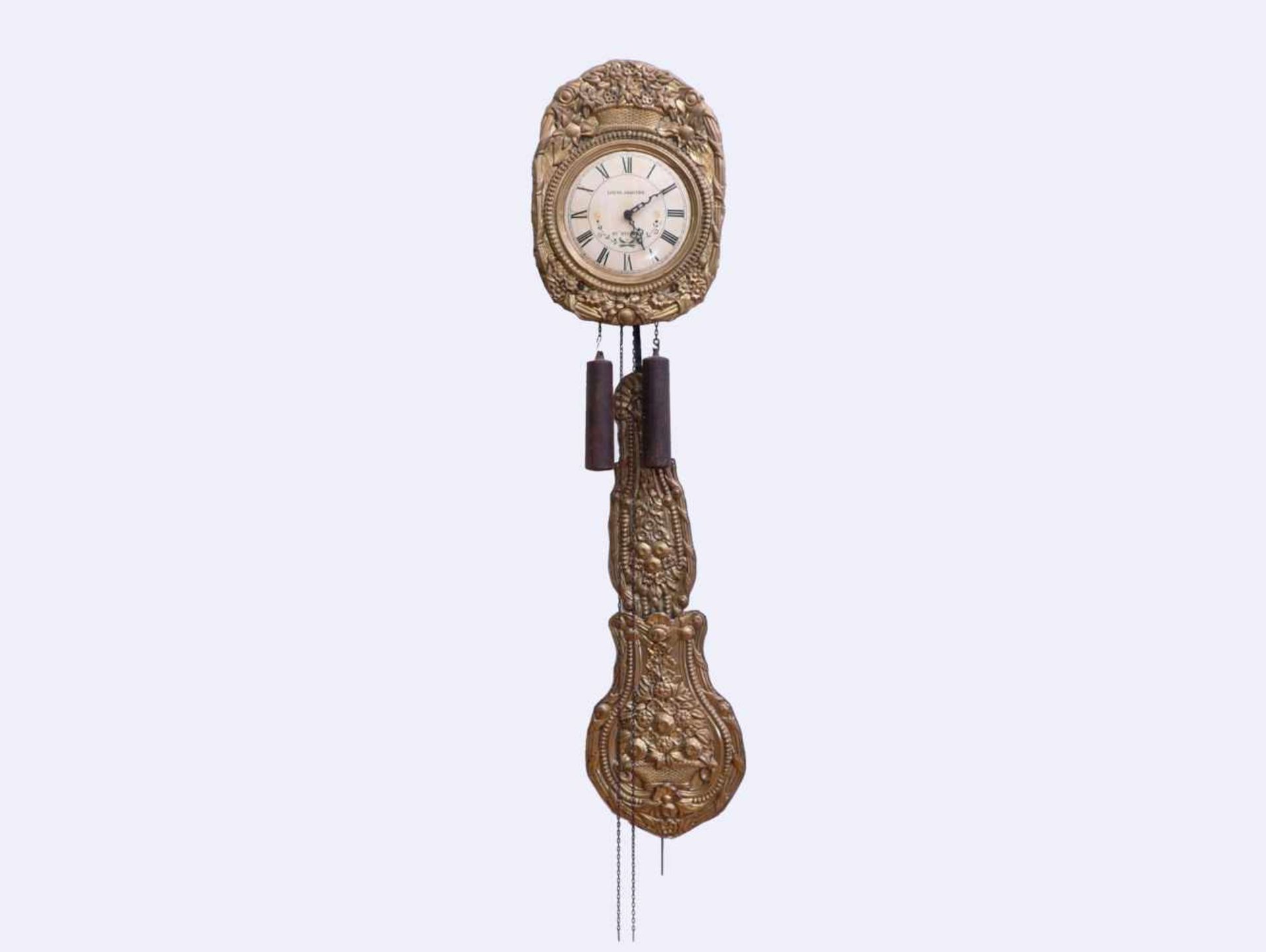 Comtoise Louis Jaquine St. Etienne um 1900Wanduhr mit weißem Emaille Ziffernblatt. Darauf Indizes in