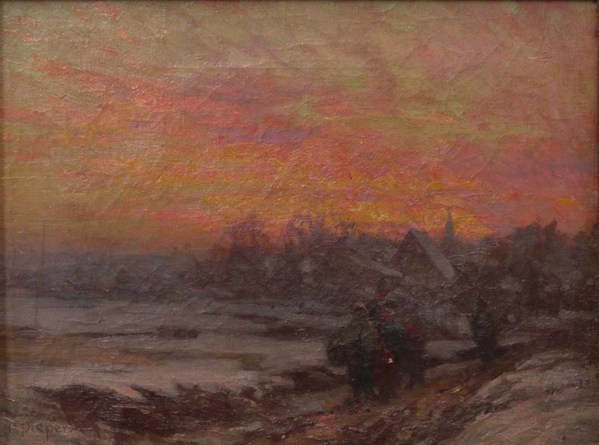 Pieper, Christian (1834-1934) - WinterlandschaftDörfliche Landschaft vor einem rot eingefärbten - Bild 2 aus 5