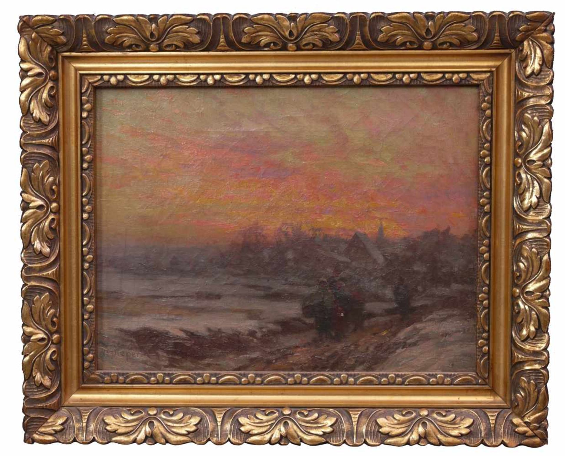 Pieper, Christian (1834-1934) - WinterlandschaftDörfliche Landschaft vor einem rot eingefärbten