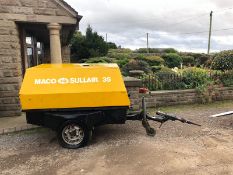 MACO SULLAIR 35 SINGLE AXLE AIR COMPRESSOR, 4 CYLINDER KUBOTA DIESEL ENGINE, RUNS, WORKS, MAKES AIR