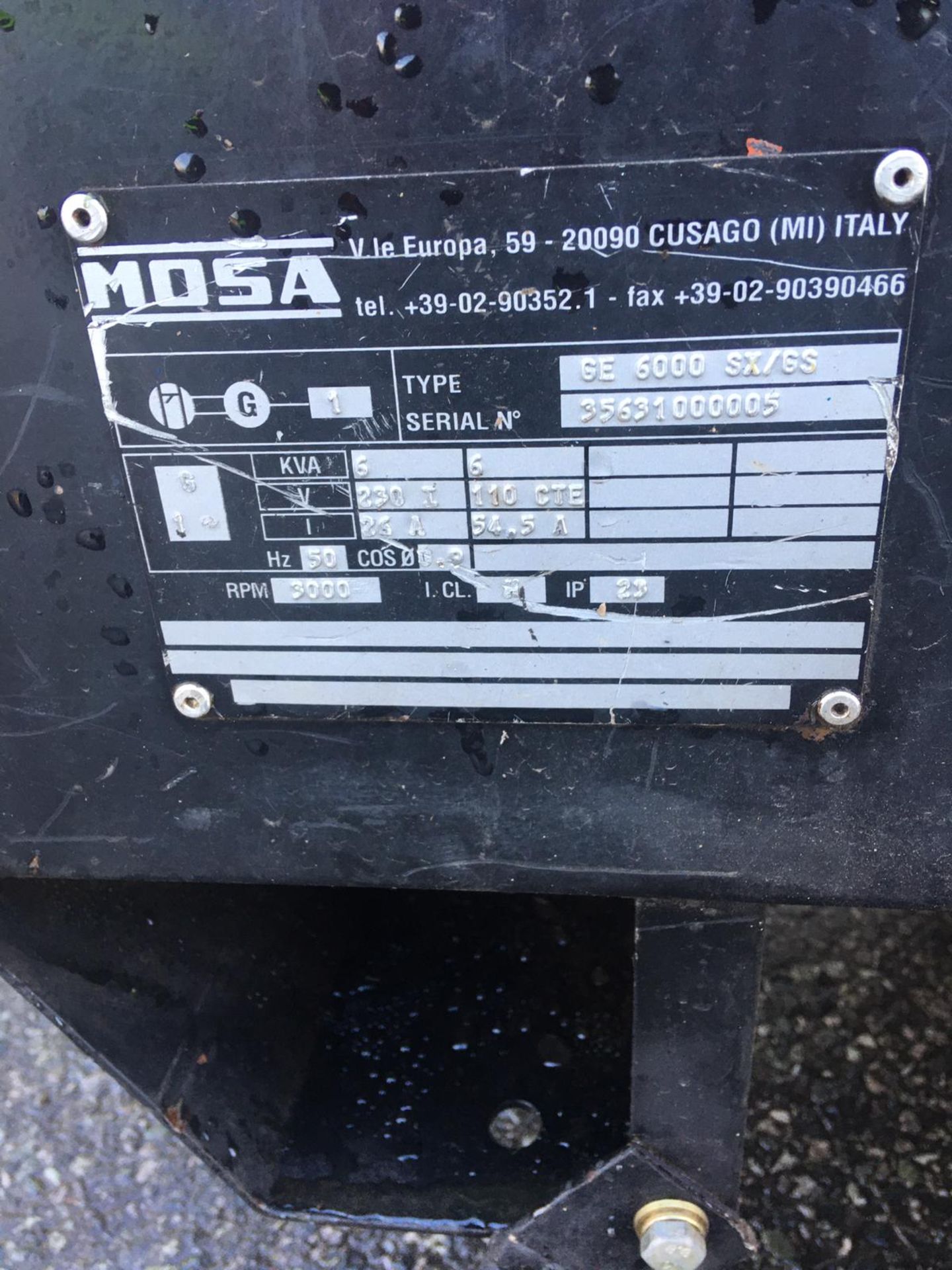 MOSA GE 6000 SX/GS SUPER SILENCED WHEELED GENERATOR, 6 KVA, 3000 RPM, 50 Hz, RUNS AND WORKS *NO VAT* - Image 7 of 12
