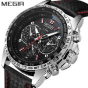 MENS MEGIR MILITARY WATCH LEATHER STRAP GIFT FOR HIM FASHION WATCH. CONDITION IS NEW *NO VAT*