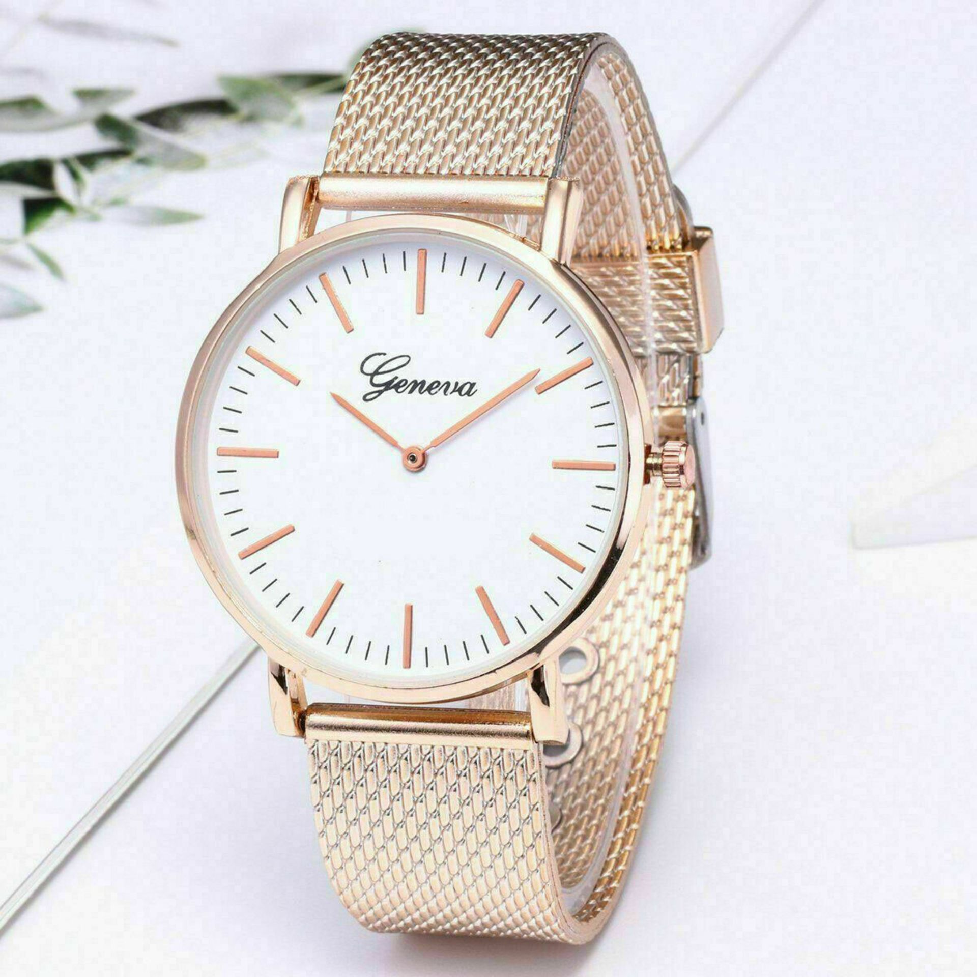 WOMENS ROSE GOLD COLOUR MESH ALLOY MATERIAL STRAP GENEVA ANALOG QUARTZ WRIST WATCH *NO VAT*