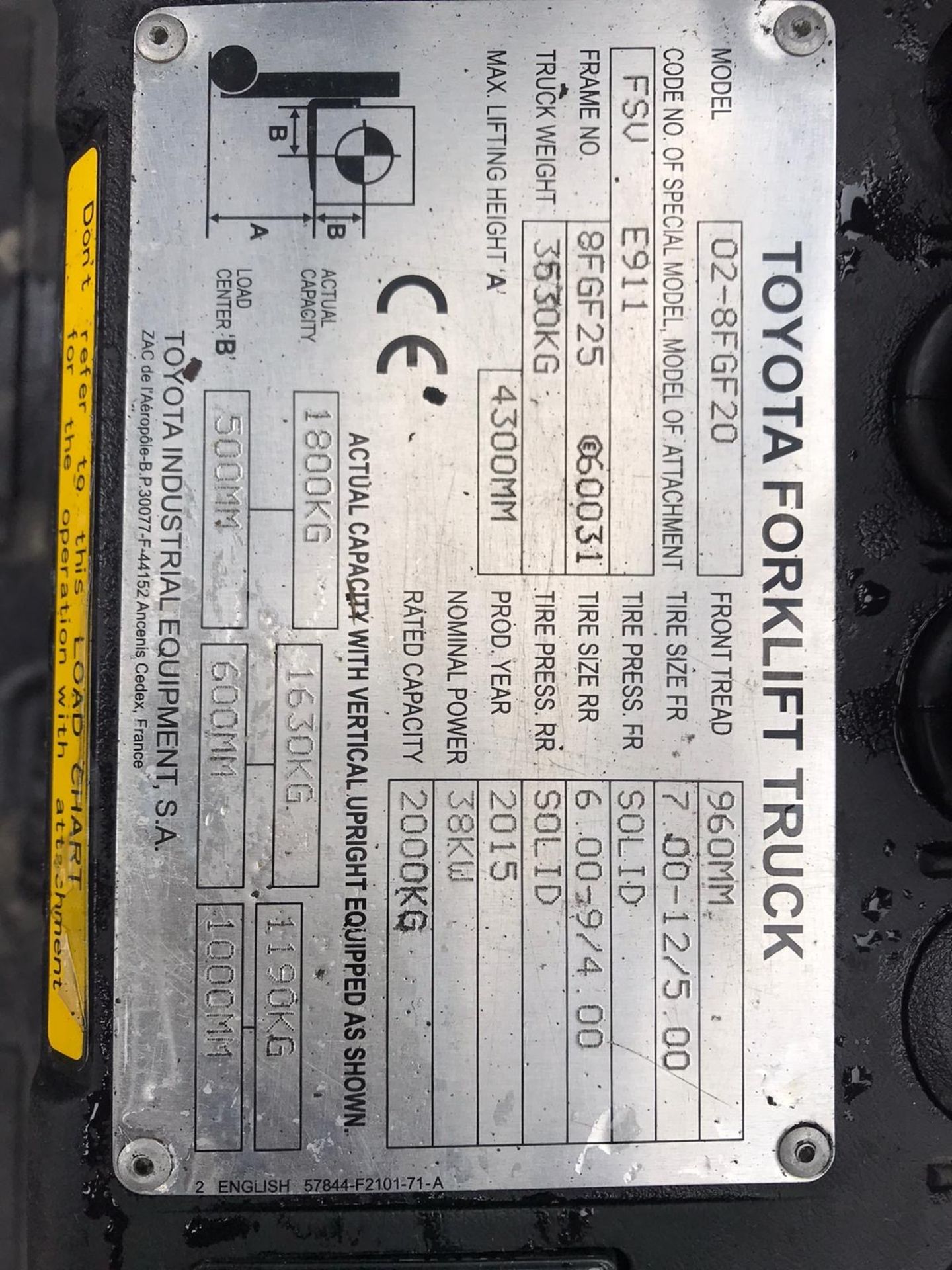 TOYOTA 2 TON GAS FORKLIFT, SERIES 8, MODEL 02-8FGFG20, CONTAINER SPEC, COUNTERBALANCE WITH SIDESHIFT - Image 6 of 7