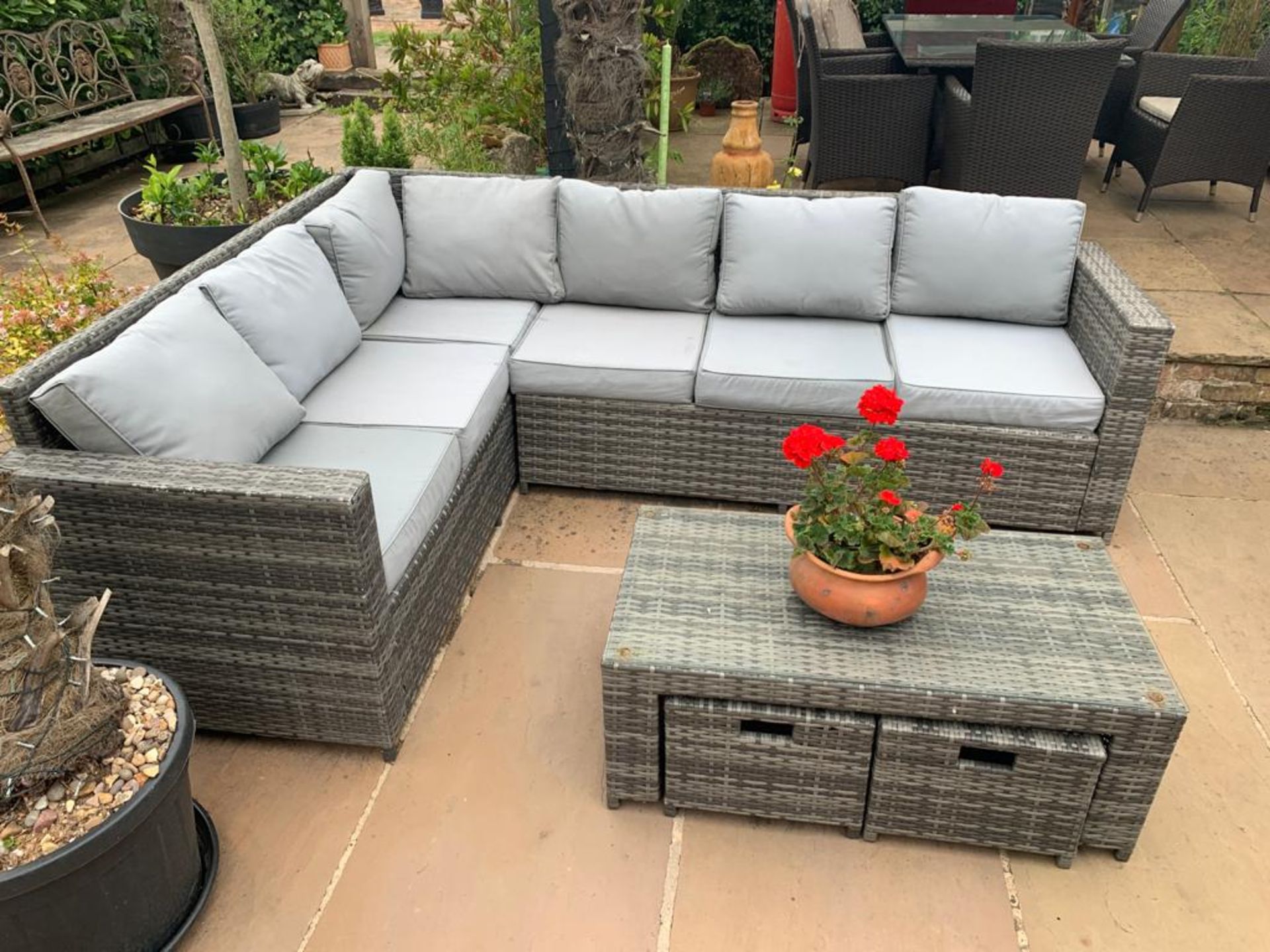 OUTDOOR PATIO FURNITURE WITH CUSHIONS - YOU ARE BIDDING FOR BOTH CORNER SEATS *PLUS VAT*