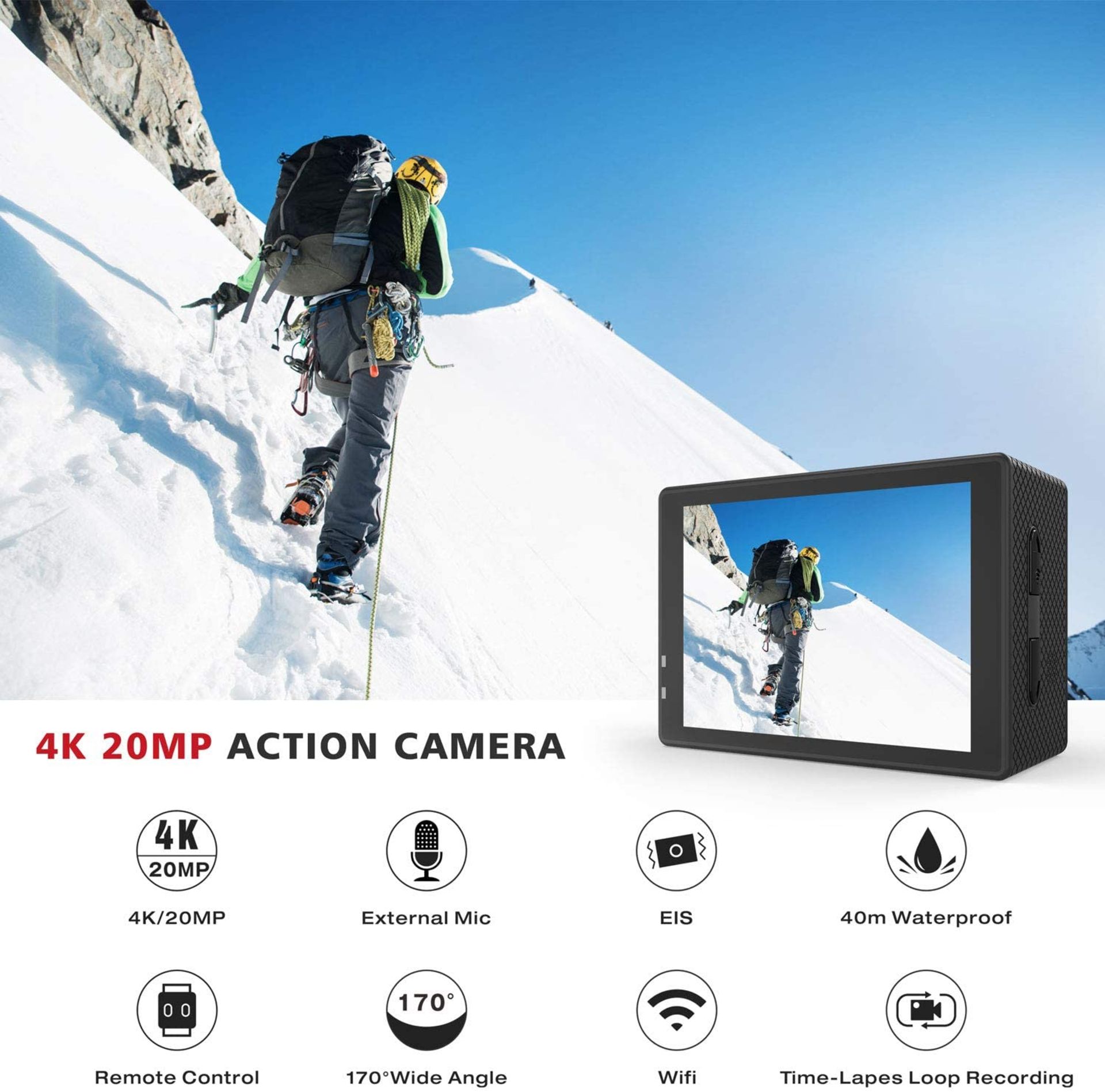BRAND NEW & SEALED! CAMPARK X5 4K 20MP 40M WATERPROOF ACTION CAMERA WEBCAM WIFI EXTERNAL MICROPHONE - Image 6 of 8