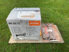 BRAND NEW AND UNUSED STIHL MS201TC TOP HANDLE SAW, C/W MANUAL, SPARK PLUG, MULTI TOOL *NO VAT*