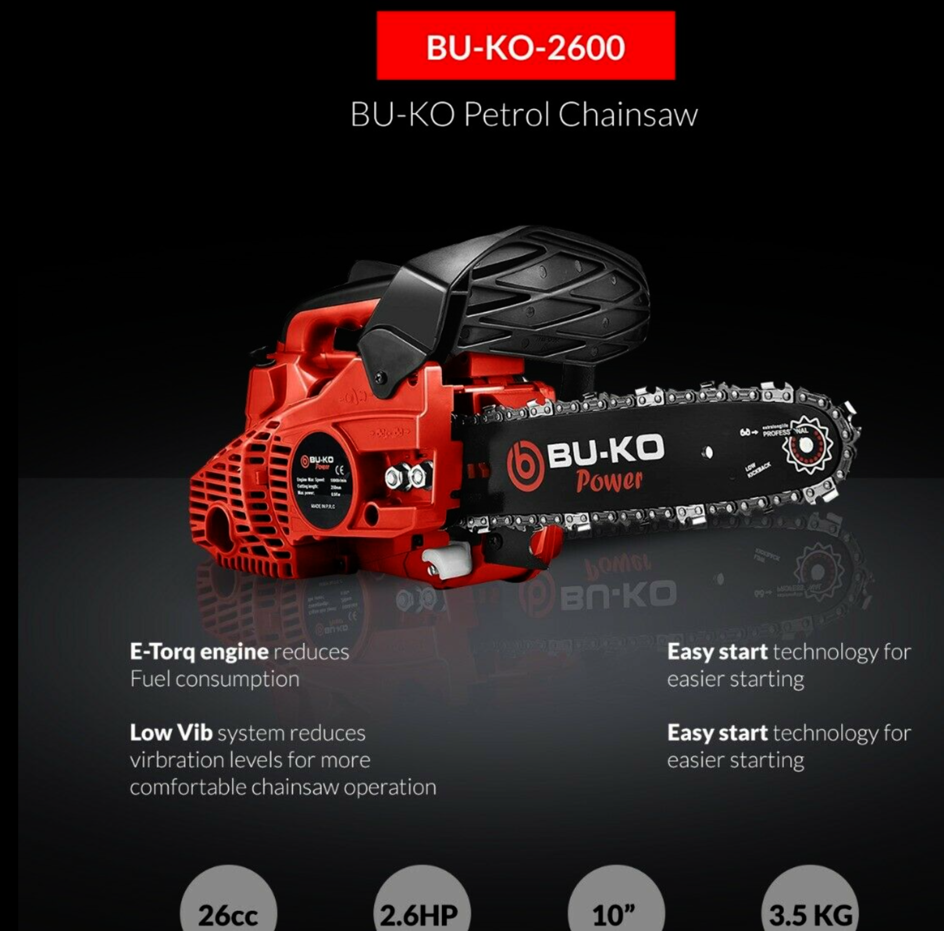 New BU-KO 26cc Lightweight 3.5KG - Top Handled Petrol Chainsaw inc. 3 new Chains And 10'' Bar - Image 4 of 8