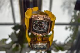 MENS HUGE RICHARD MILLE CHRONOGRAPH WRIST WATCH WITH YELLOW RUBBER STRAP AND ROSE GOLD FACE *NO VAT*