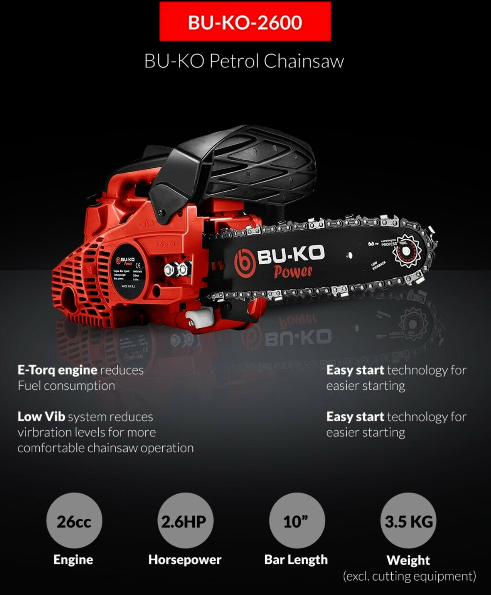 New BU-KO 26cc Lightweight 3.5KG - Top Handled Petrol Chainsaw inc. 3 new Chains And 10'' Bar - Image 5 of 8