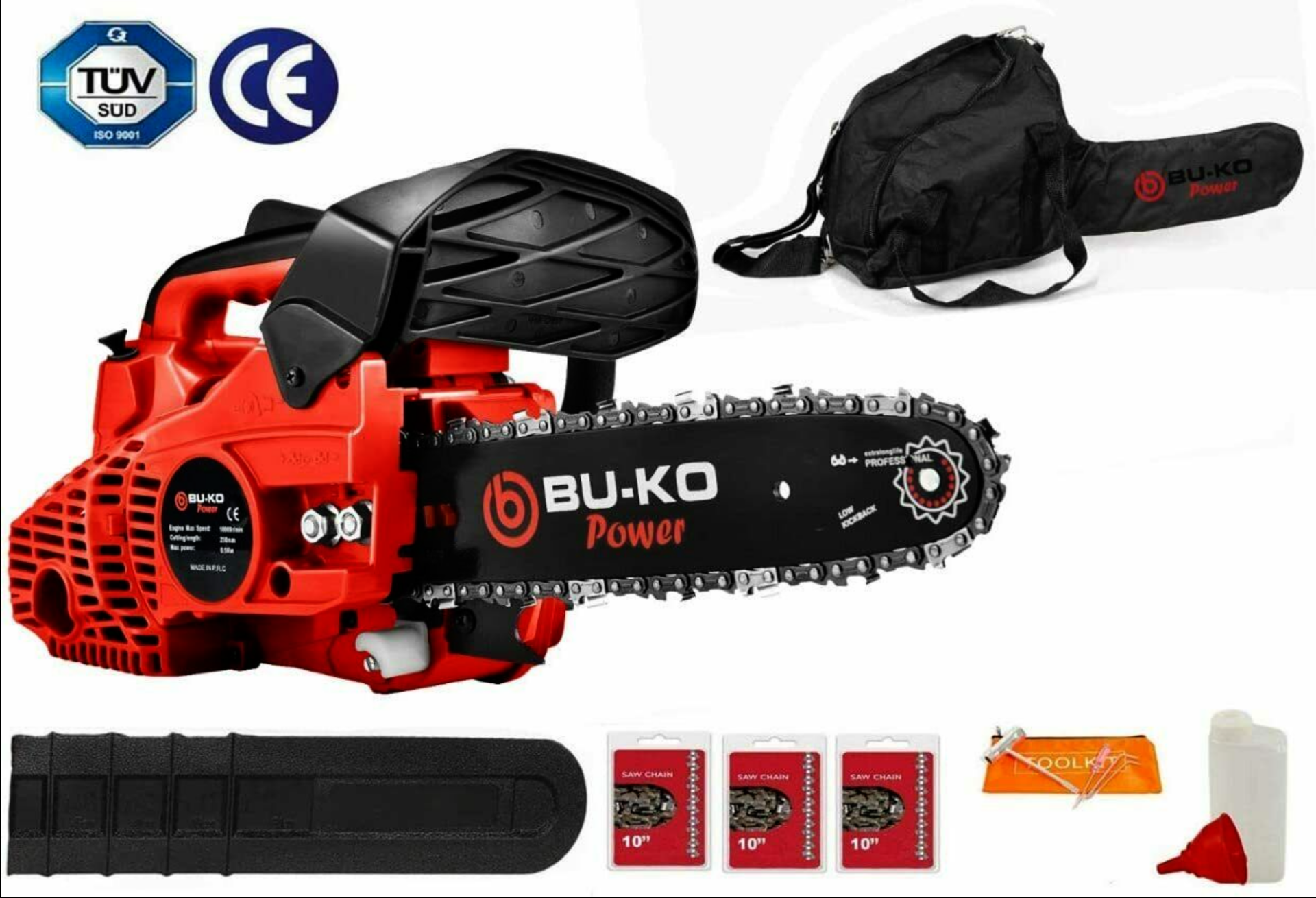 New BU-KO 26cc Lightweight 3.5KG - Top Handled Petrol Chainsaw inc. 3 new Chains And 10'' Bar