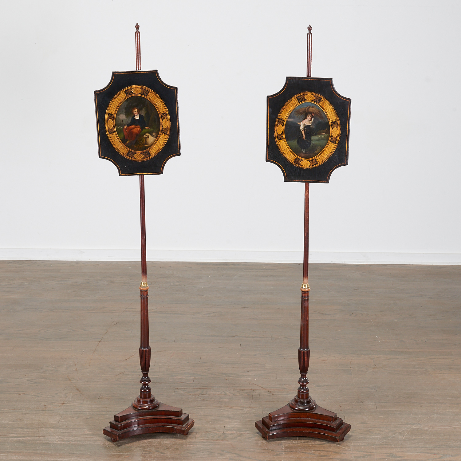 Pair Regency Polychrome Painted Pole Screens