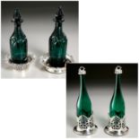 (2) Pairs Dark Aqua Glass Decanters & Coasters