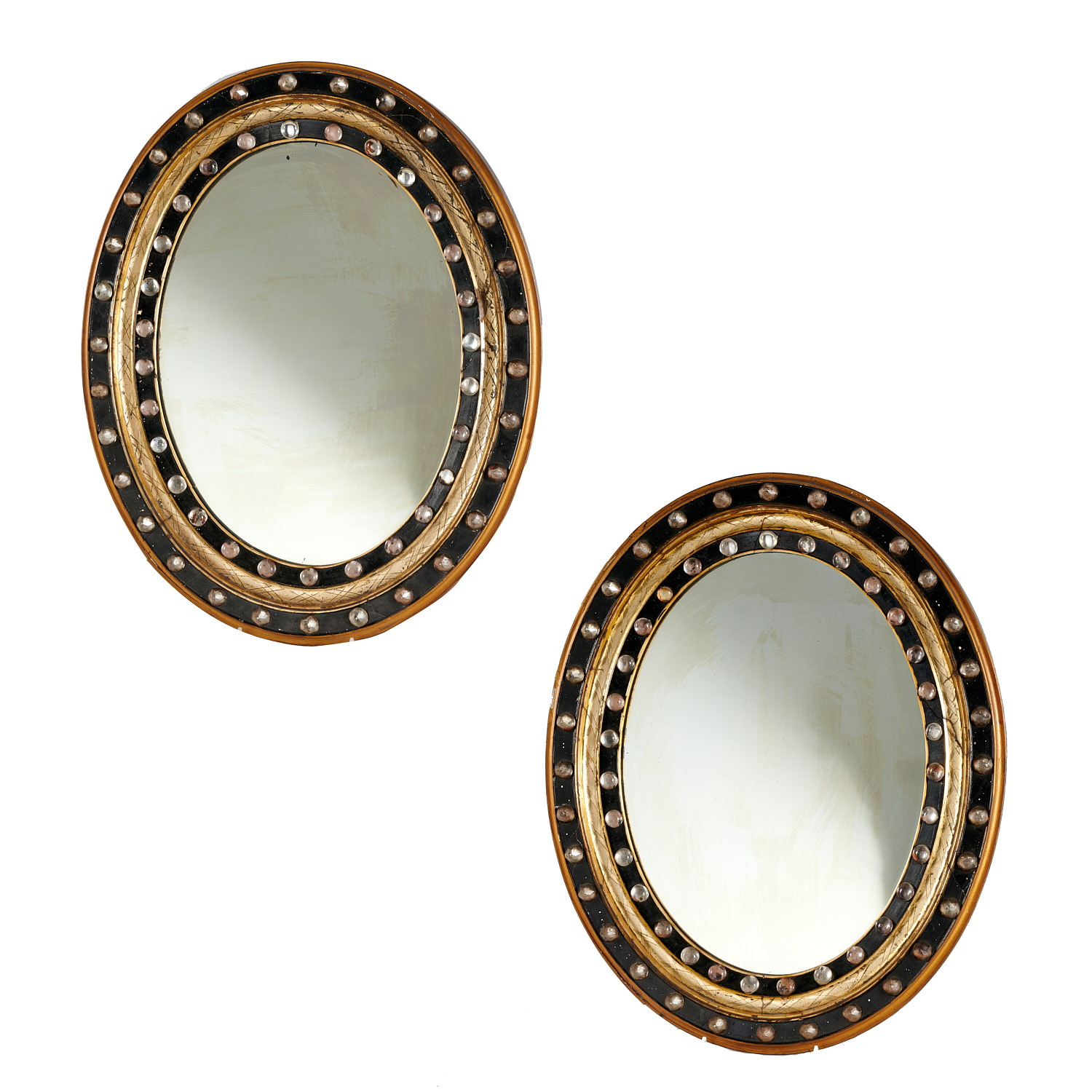 Pair Irish Regency Ebonized and Jeweled Mirrors