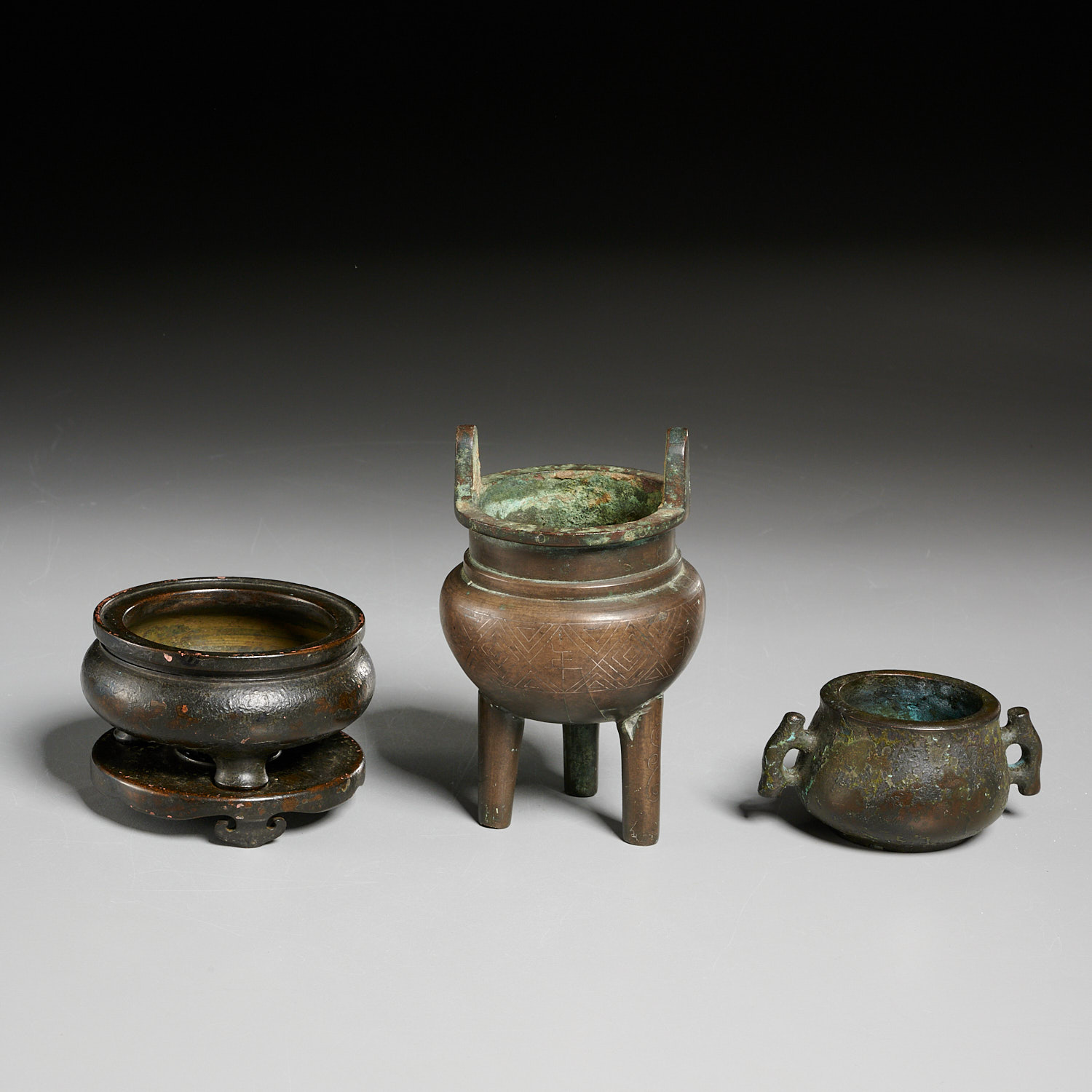 (3) miniature Chinese bronze censers