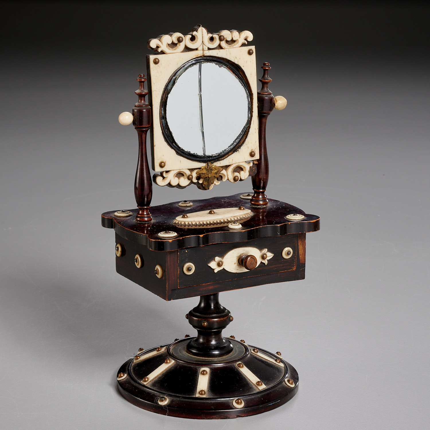 Folk Art inlaid mahogany miniature dressing stand