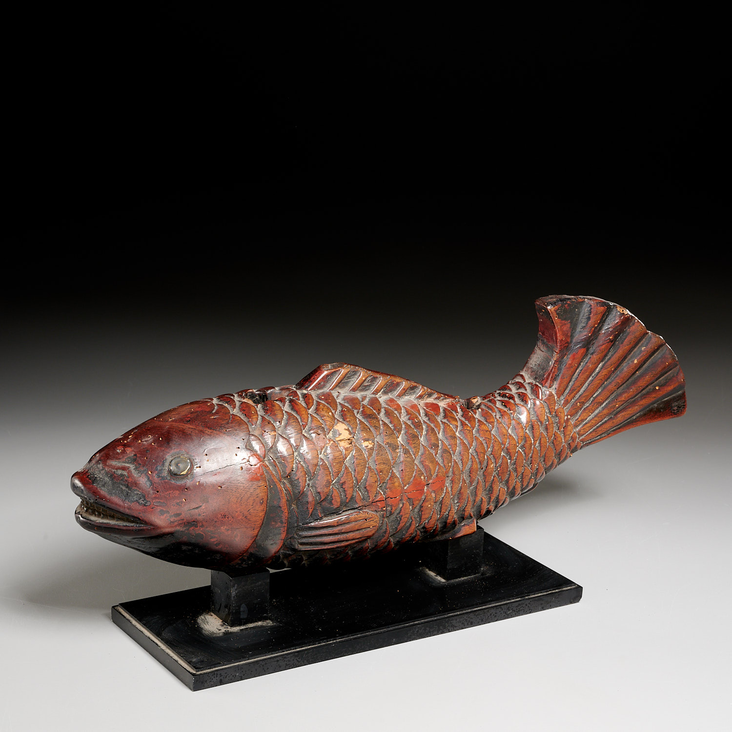 Antique Japanese carved wood carp-form Yokogi