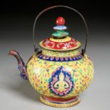 Antique Thai enameled copper tea pot