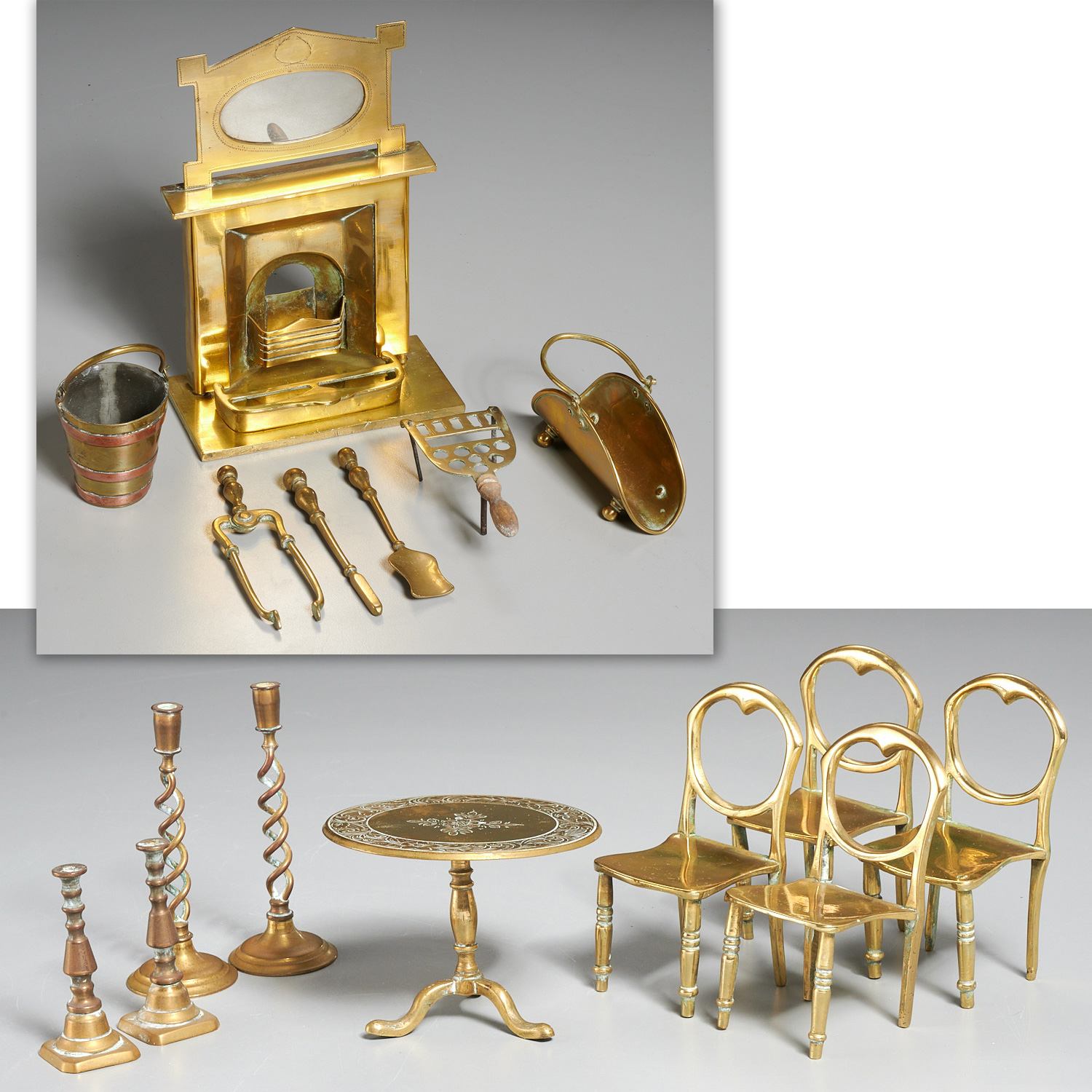 English brass miniature parlor and hearth objects