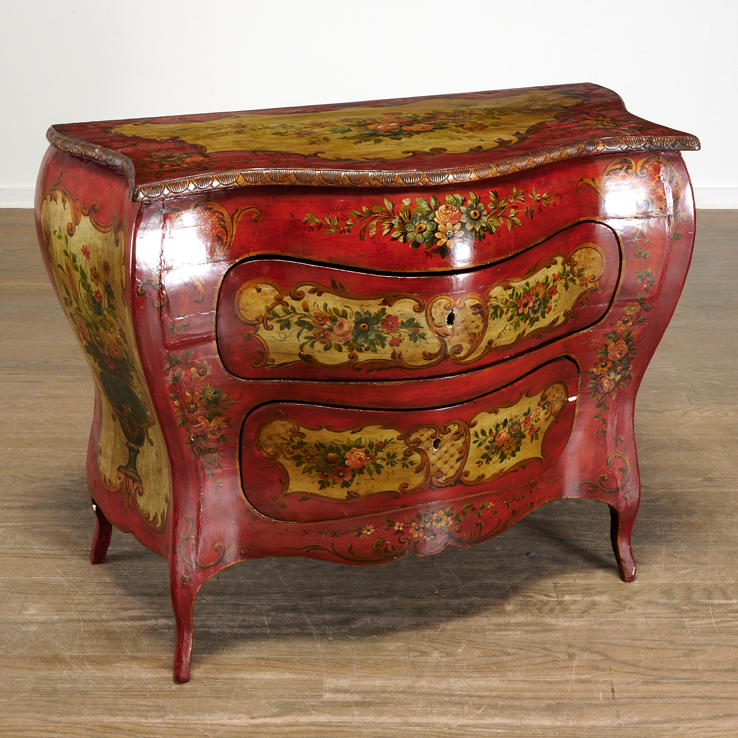 Venetian paint decorated bombe commode