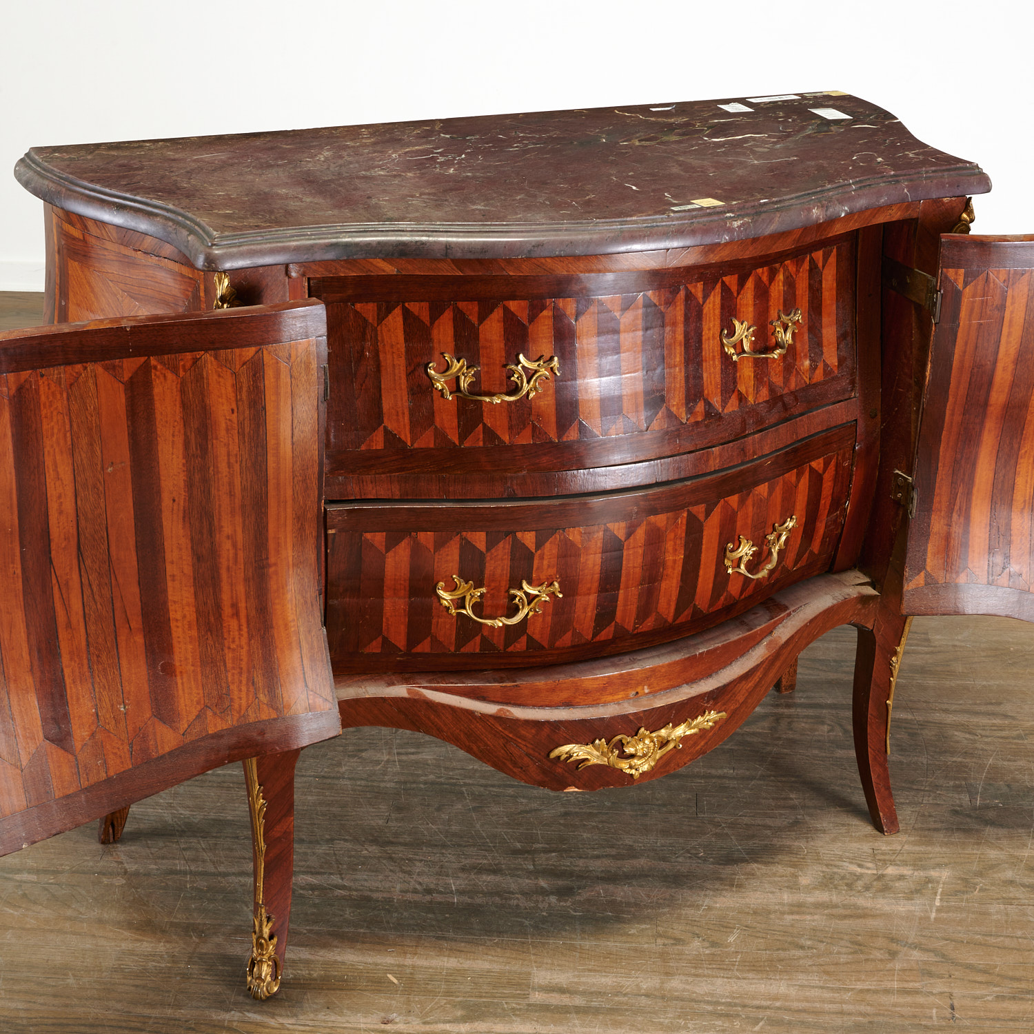 Louis XV marble top parquetry bombe commode - Image 3 of 9