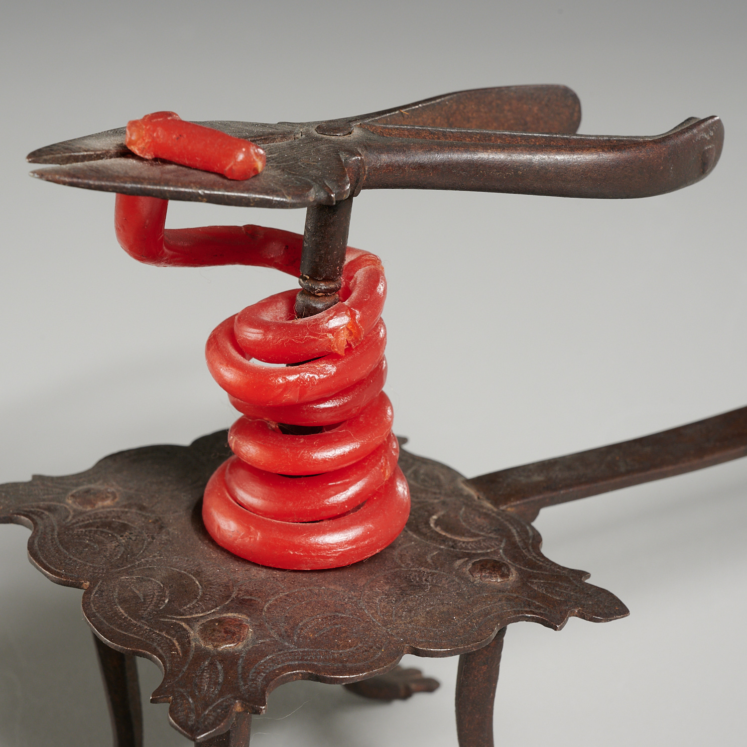 Early English engraved wrought iron wax jack - Image 3 of 6