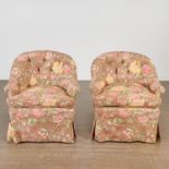 Pair custom chintz upholstered lounge chairs