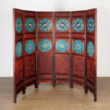 Chinese hardwood, cloisonne 6-panel screen