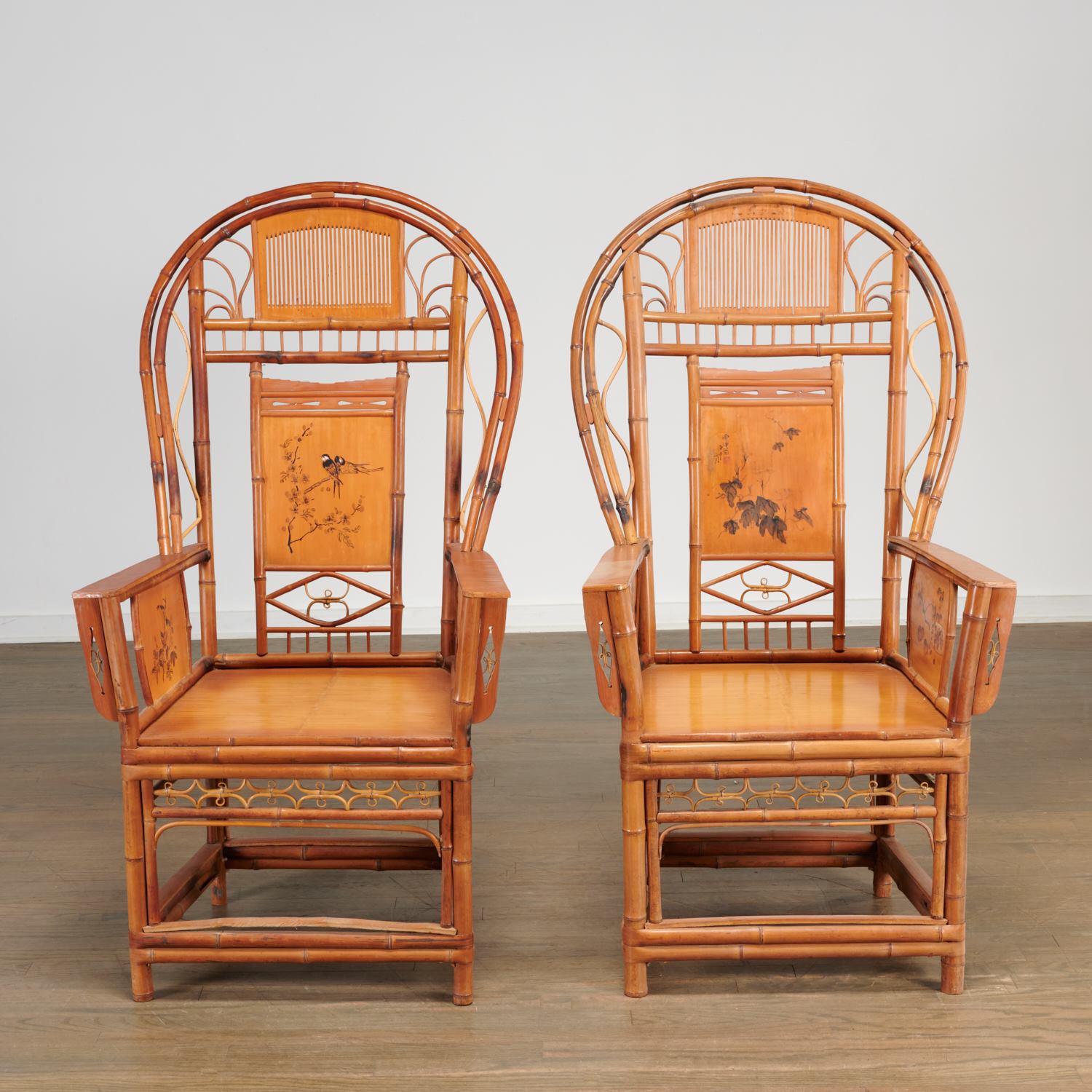 Pair Chinese Export bamboo high-back armchairs