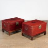 Pair Chinese brass mounted red lacquered trunks