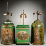 (3) English green painted tole tea canister lamps