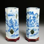 Pair Chinese blue and white hat stands