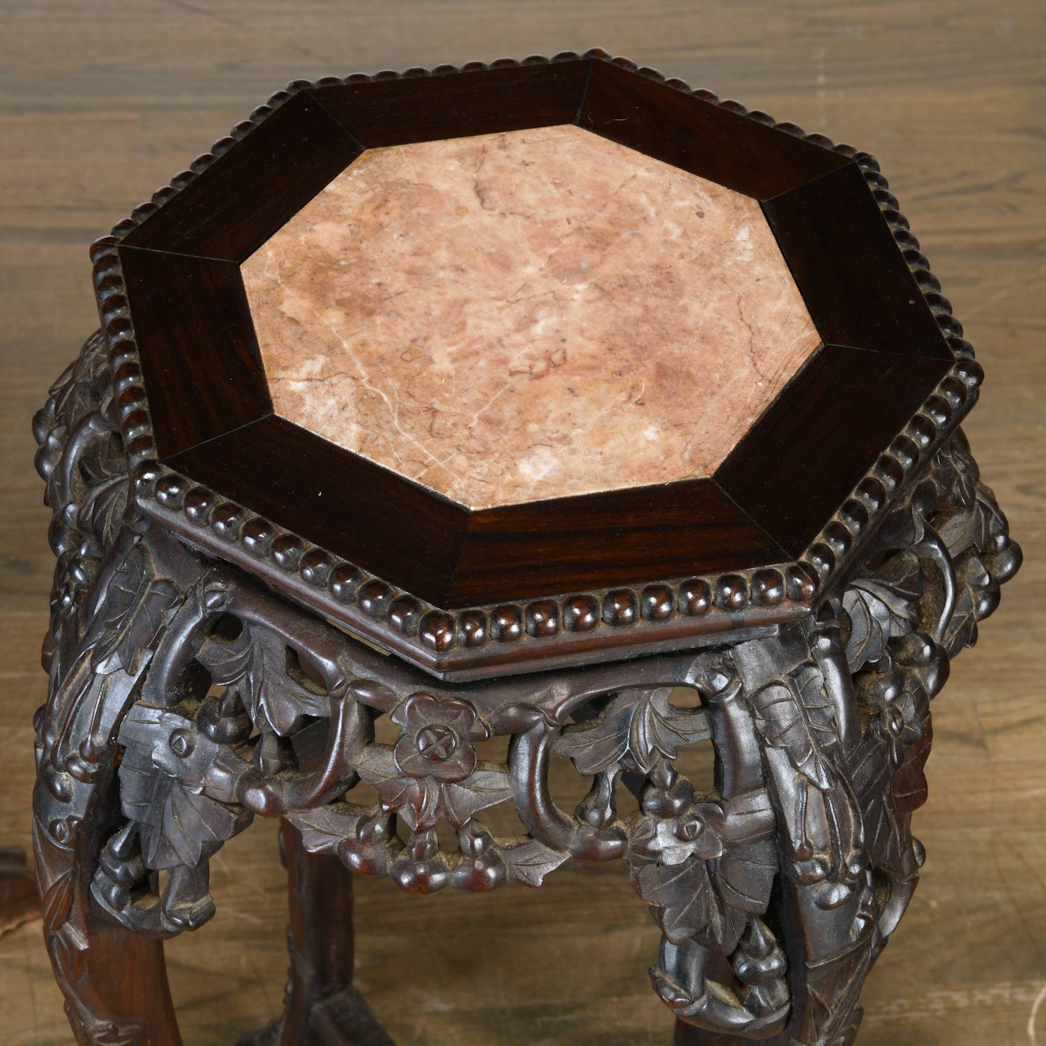 (4) Chinese carved hardwood, marble inset stands - Image 3 of 8